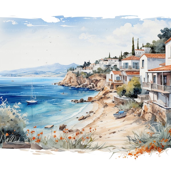 12 Greece Seaside Landscape Clipart, Printable Watercolor clipart, High Quality JPGs, Digital download, High Resolution, Paper craft