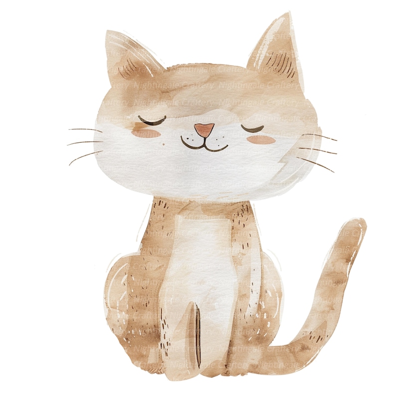May include: A watercolor illustration of a brown and white cat sitting with its eyes closed. The cat has a light brown nose and pink cheeks.