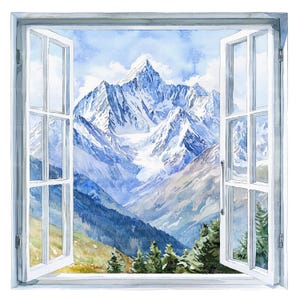 Puede incluir: Una pintura de acuarela de una cordillera vista a través de una ventana abierta. Las montañas están cubiertas de nieve y el cielo es azul. La ventana es blanca con un marco de madera.