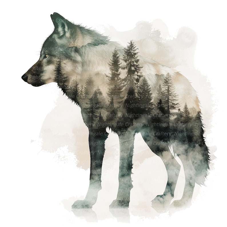 May include: A watercolor-style illustration of a wolf in profile, with a forest scene overlaid within its silhouette. The wolf is depicted in shades of gray and black, with a white background. The text "Nightingale Craftery" is repeated across the image.