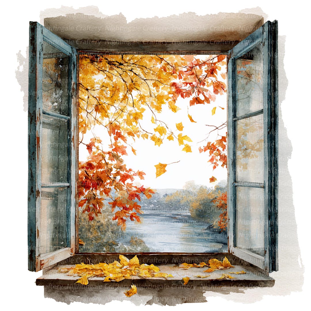 Watercolor Autumn Window Clipart: Fall Leaves View (digital Download ...