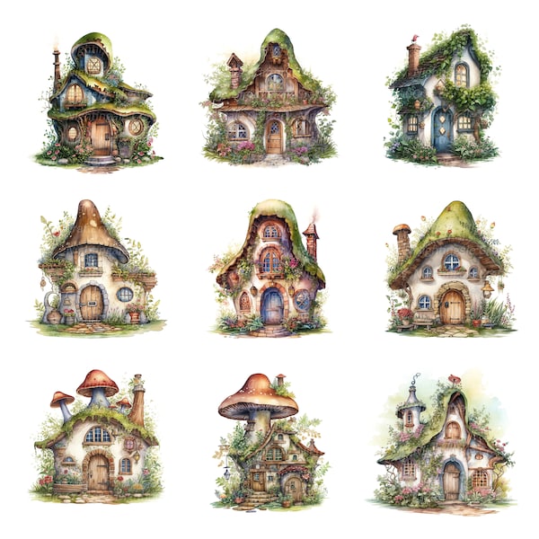 18 Fairy House Clipart, Printable Watercolor clipart, 18 High Quality JPGs, Digital download, High Resolution, Paper craft, junk journals
