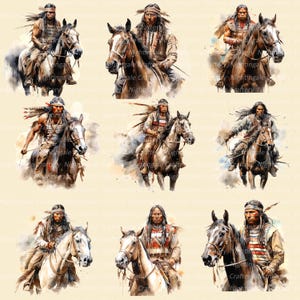 K&ouml;nnte beinhalten: Aquarellillustrationen von indianischen Figuren auf Pferden. Die Bilder zeigen Krieger in traditioneller Kleidung, geschm&uuml;ckt mit Federn und aufwendigen Mustern, die Pferde mit detaillierten M&auml;hnen und Fell reiten. Das Kunstwerk hat einen weichen, malerischen Stil.