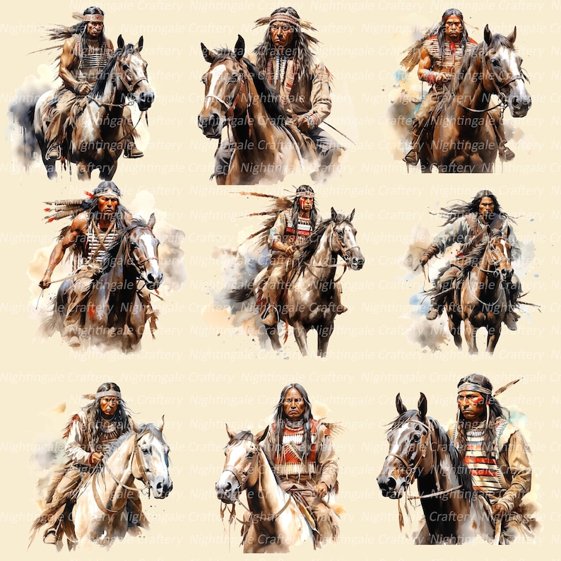 K&ouml;nnte beinhalten: Aquarellillustrationen von indianischen Figuren auf Pferden. Die Bilder zeigen Krieger in traditioneller Kleidung, geschm&uuml;ckt mit Federn und aufwendigen Mustern, die Pferde mit detaillierten M&auml;hnen und Fell reiten. Das Kunstwerk hat einen weichen, malerischen Stil.