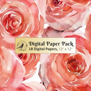 Sfondo 18 rose acquerello SEAMLESS, pacchetto di carta digitale 12 x 12, carta per diario spazzatura, carta per album, carta stampabile, JPG di alta qualità