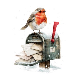 Puede incluir: Ilustración en acuarela de un petirrojo posado sobre un buzón vintage desbordante de cartas. El buzón es de color verde desgastado con una bandera roja, y la nieve acentúa la escena. El pájaro tiene el pecho rojo, sobre un fondo blanco.