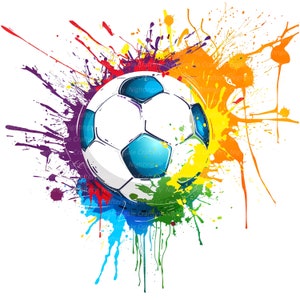 May include: A white soccer ball with blue and black accents is centered against a vibrant backdrop of colorful paint splatters. The paint includes shades of purple, red, yellow, orange, green, and blue, creating a dynamic and energetic design.