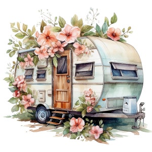 13 Floral Camping Trailer Clipart, Turismo, Imágenes Prediseñadas de acuarela imprimible, JPG de alta calidad, Descarga digital, Artesanía de papel, diario basura