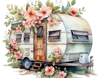 May include: A vintage camper van with a light blue and white exterior, surrounded by pink flowers. The camper has a wooden door and windows with curtains.