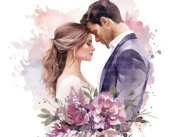May include: Watercolor illustration of a couple embracing, with their heads touching. The man wears a purple suit jacket, and the woman is in a white dress. A bouquet of purple flowers is in the foreground, with a soft watercolor background.