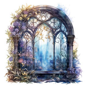12 Clipart finestra incantata, Clipart finestra floreale mistica, clipart acquerello stampabile, JPG di alta qualità, download digitale, artigianato di carta