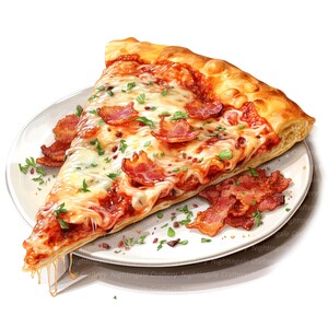 May include: A slice of pizza with bacon, cheese, and tomato sauce on a white plate. The pizza is topped with fresh parsley and a drizzle of olive oil.