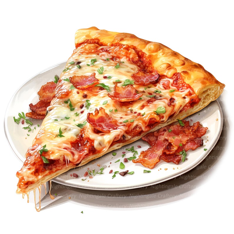 May include: A slice of pizza with bacon, cheese, and tomato sauce on a white plate. The pizza is topped with fresh parsley and a drizzle of olive oil.