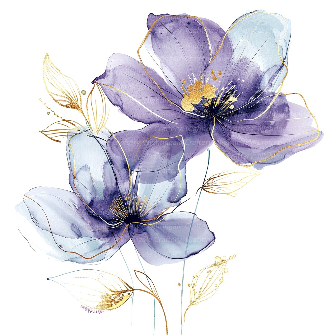 10 Abstract Flowers Clipart, Purple Flowers, Printable Watercolor ...