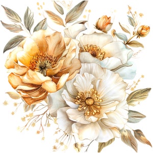 10 Clipart di bouquet di peonie, peonie dorate, clipart di acquerelli stampabili, JPG/PNG di alta qualità, download digitale, artigianato di carta, diario spazzatura