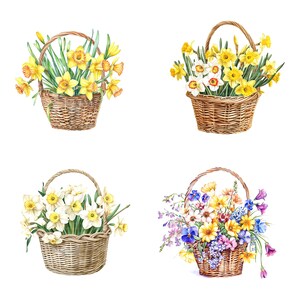 16 春の花のバスケット クリップアート、花のバスケット、印刷可能な水彩画のクリップアート、高品質の JPG、デジタル ダウンロード、ペーパー クラフト、ジャンク ジャーナル