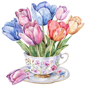 10 Tulpen In Teetasse Clipart, Florale Teetasse, druckbare Aquarell Clipart, hochwertige PNGs, digitaler Download, Papiermodell, Junk Journal