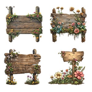 20 個の木製標識のクリップアート、花柄の道路標識、印刷可能な水彩画のクリップアート、高品質の JPG、デジタル ダウンロード、ペーパー クラフト、ジャンク ジャーナル
