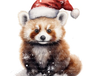 10 Red Panda with Santa Hat Clipart, Printable Watercolor clipart, High Quality JPGs, Digital download, Paper craft, junk journal