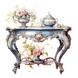 12 Clipart console francese floreale vintage, clipart acquerello stampabile, JPG di alta qualità, download digitale, creazione di carta, diario spazzatura