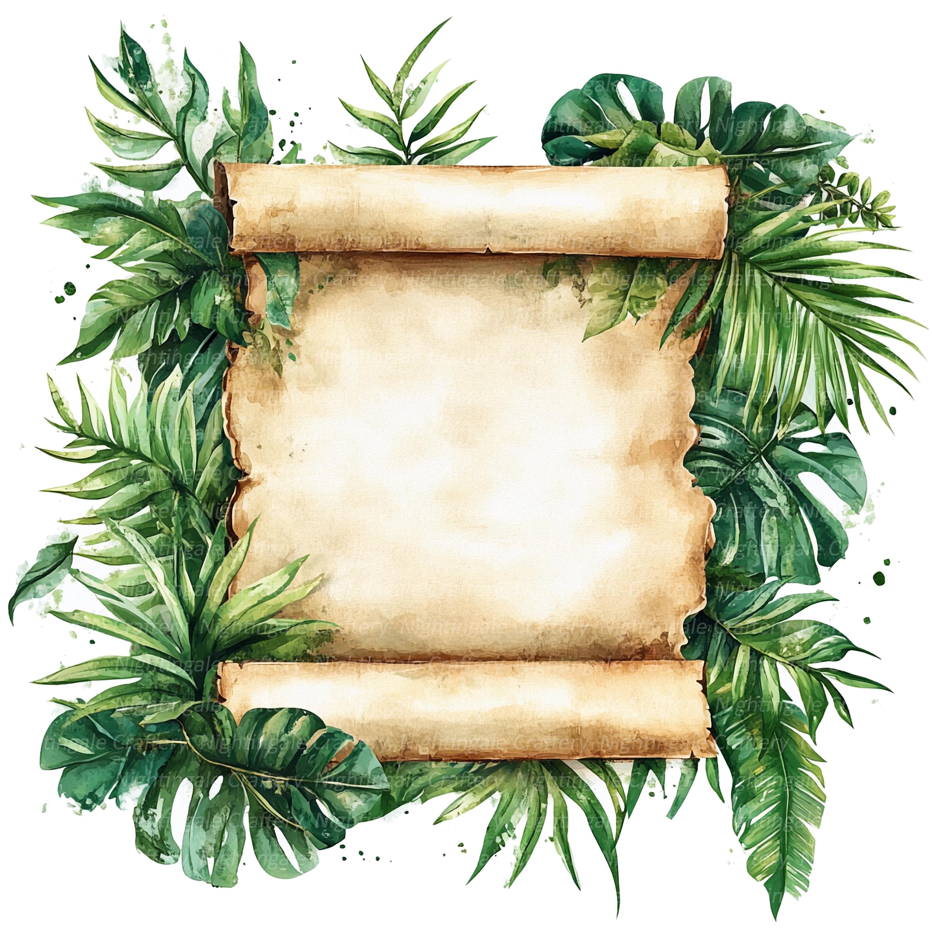 12 jungle-thema scroll clipart, vintage scroll, hoge kwaliteit jpg's, afdrukbare aquarel clipart, digitale download, papier ambacht, junk journal