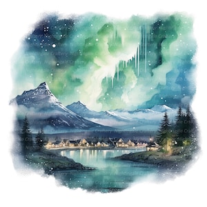 10 aurore boreali sul villaggio Clipart, clipart acquerello stampabile, JPG di alta qualità, download digitale, alta risoluzione, artigianato di carta