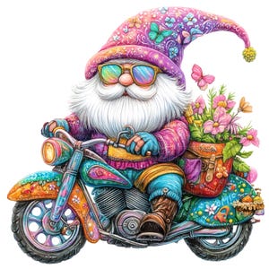 8 Gartenzwerg, Gnom auf Motorrad, Illustration, druckbare Clipart, hochwertige JPGs, digitaler Download, Papiermodell, Journaling