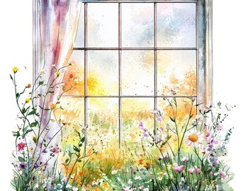 14 窓から見える草原の風景のクリップアート、花の風景のある窓、印刷
