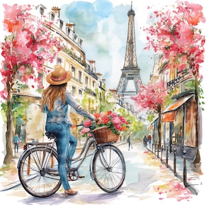 10 Clipart di donne di strada a Parigi, biciclette floreali, clipart acquerello stampabili, PNG di alta qualità, download digitale, carta da parati, diari spazzatura