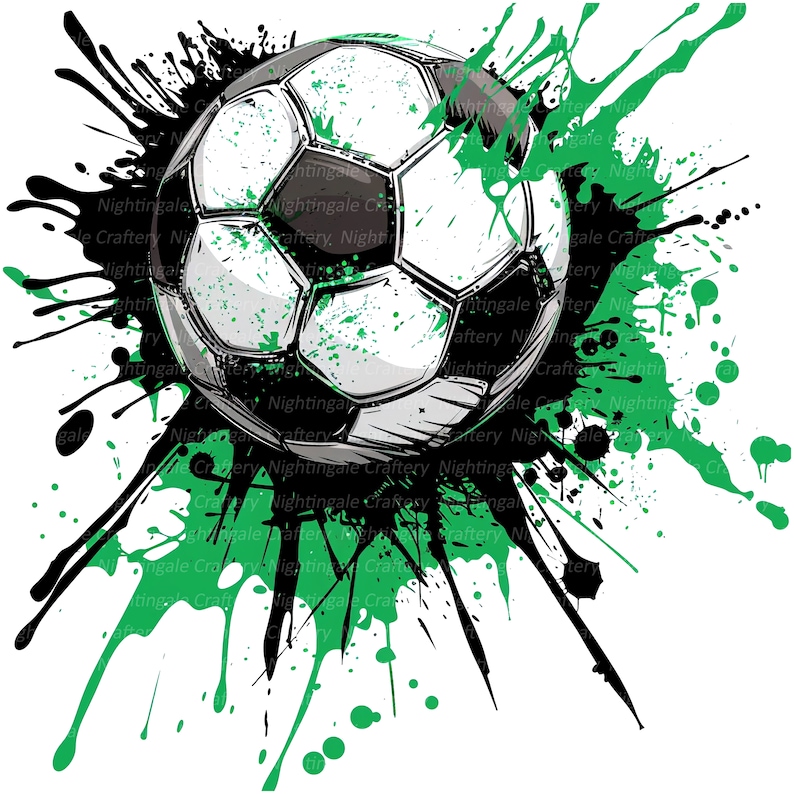 May include: A soccer ball illustration with a black and white design, set against a backdrop of green and black paint splatters. The image has a dynamic, action-oriented feel, suitable for sports-themed products.