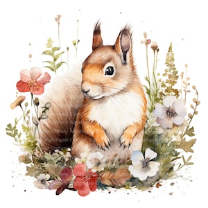 Écureuil mignon en fleurs Clipart, clipart aquarelle imprimable, 12 fichiers JPG de haute qualité, téléchargement numérique, haute résolution, créations en papier