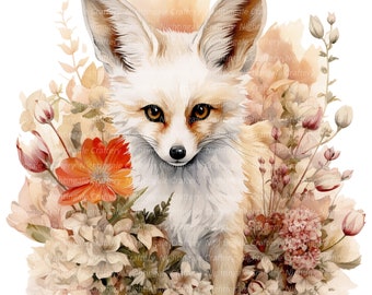 Fennec Fox Boho Clipart, Printable Watercolor clipart, 8 High Quality JPGs, Digital download, High resolution, Paper crafts, junk journal