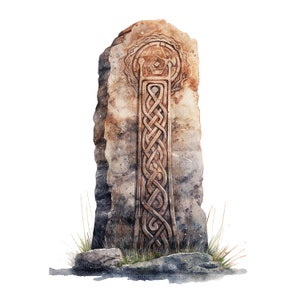 May include: A weathered stone monument with a Celtic knot design carved into its surface. The stone is a light brown colour and is surrounded by green grass.