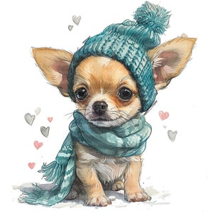 12 Romantic Puppies with Scarf, Puppy Drawing, Printable Watercolor clipart, High Quality JPGs, Digital download, Paper craft, junk journals