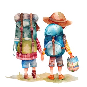 14 imágenes prediseñadas de niños viajeros, niños haciendo senderismo y acampando, imágenes prediseñadas de acuarela imprimibles, PNG de alta calidad, descarga digital, manualidades de papel, diario basura