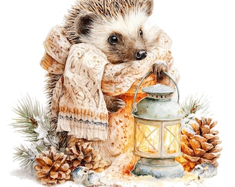 10 Cozy Ill Hedgehog Clipart, Lantern Clipart, Printable Watercolor clipart, High Quality JPGs, Digital download, Paper craft, sublimation