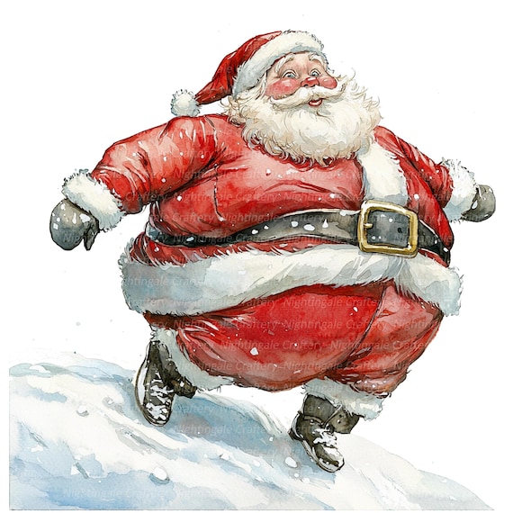10 Funny Christmas Santa Clipart, Fat Santa, Printable Watercolor