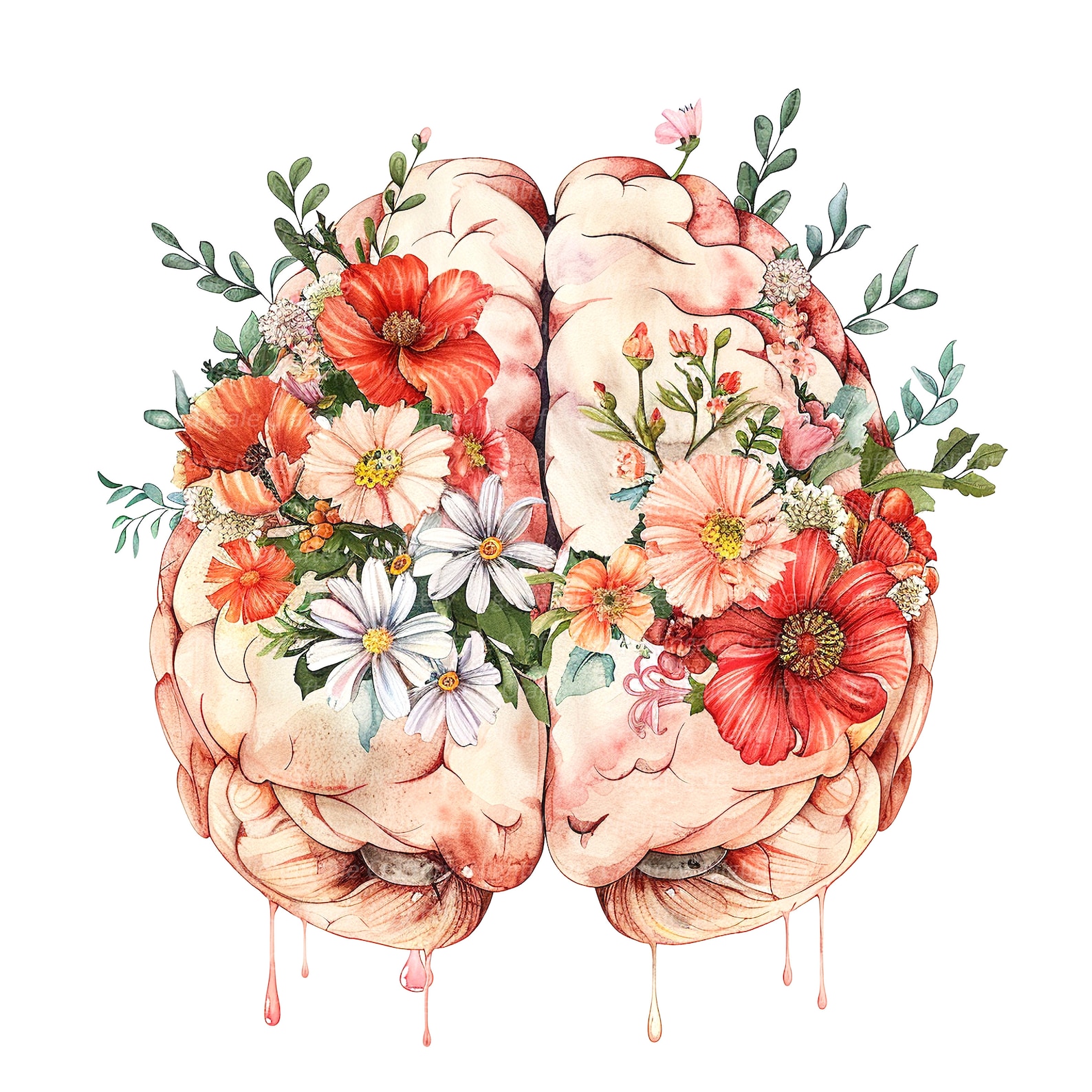 10 Floral Human Brain Clipart, Anatomical Brain, Printable Watercolor ...