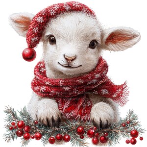 May include: A digital illustration of a cute white lamb wearing a red knit hat and scarf with white snowflakes. The lamb is surrounded by a garland of red berries and pine needles, creating a festive holiday theme.