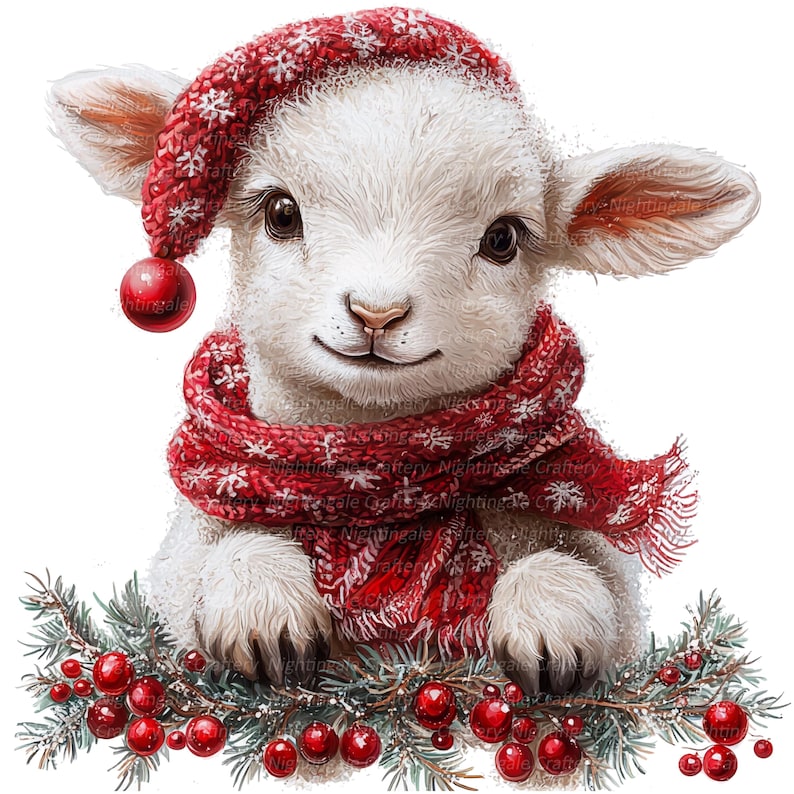 May include: A digital illustration of a cute white lamb wearing a red knit hat and scarf with white snowflakes. The lamb is surrounded by a garland of red berries and pine needles, creating a festive holiday theme.