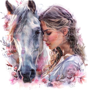11 Frau und Pferd Clipart, Blumenpferd, druckbare Aquarell Clipart, hochwertige JPGs, digitaler Download, Sublimation, Junk Journals