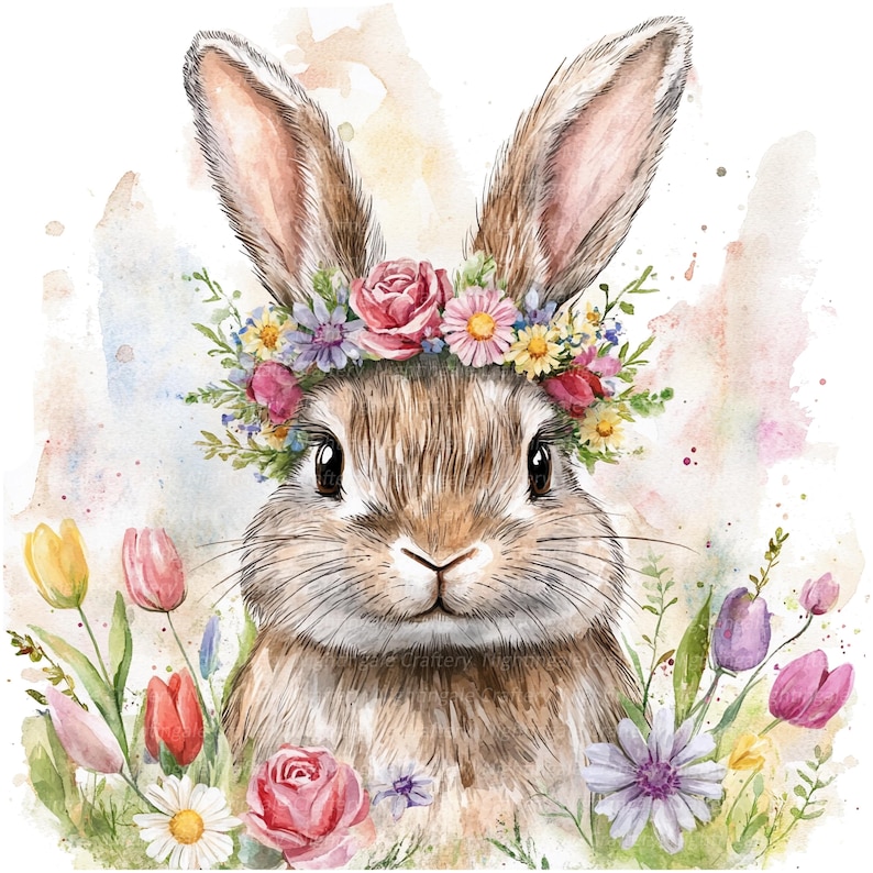 May include: A watercolor painting of a brown bunny rabbit wearing a flower crown. The bunny is surrounded by colorful flowers, including pink, purple, yellow, and white.