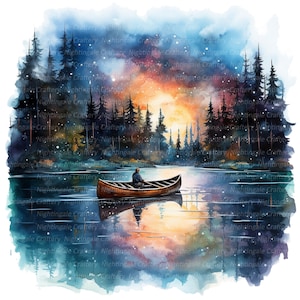 10 imágenes prediseñadas de barco en la noche estrellada, hombre pescando, imágenes prediseñadas de acuarela imprimibles, archivos JPG de alta calidad, descarga digital, manualidades de papel, diario basura