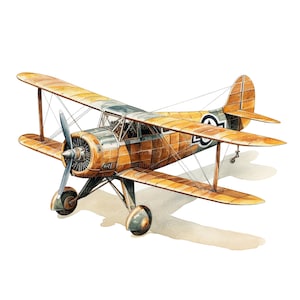 Puede incluir: Un biplano vintage, marr&oacute;n y beige, con una h&eacute;lice y un solo asiento. El avi&oacute;n tiene un patr&oacute;n de camuflaje azul oscuro y verde en el fuselaje y las alas. El avi&oacute;n est&aacute; sobre un fondo blanco.
