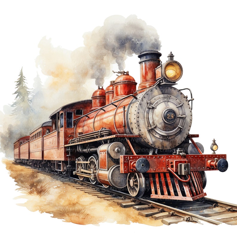 10 Cartoon Locomotives Clipart, Antique Train, Printable Watercolor clipart, High Quality JPGs, Digital download, Paper craft, junk journal image 2