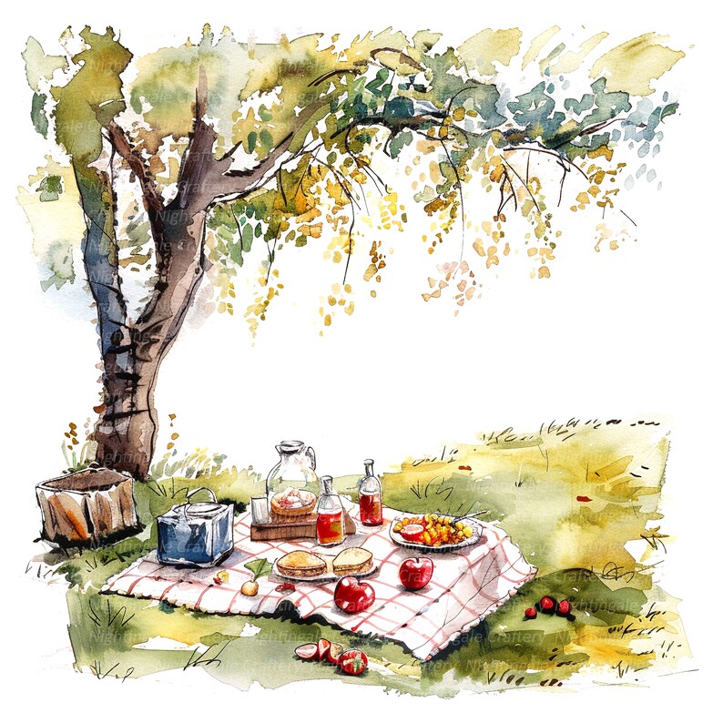 Spring Picnic Graphics 11 Spring Picnic Clipart, Picnic in Park, Printable Watercolor Clipart ...