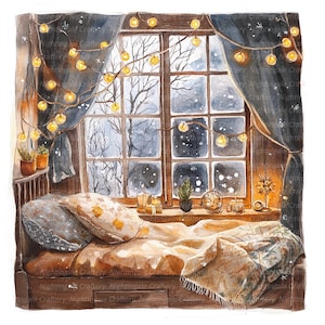 14 Camera da letto accogliente, Clipart di Natale, Finestra invernale, Clipart acquerello stampabile, JPG di alta qualità, Download digitale, Carta artigianale, diario