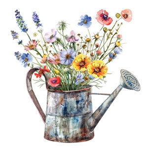 14 cliparts arrosoir floral, fleurs sauvages, clipart aquarelle imprimable, fichiers JPG de haute qualité, téléchargement numérique, créations en papier, journaux indésirables