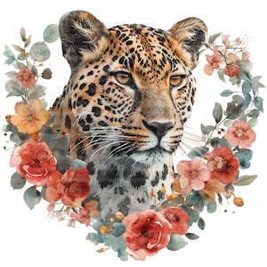 10 Floral Leopard Clipart, Flowers Wreath, Printable Watercolor clipart, High Quality JPGs, Digital download, Paper crafts, junk journal