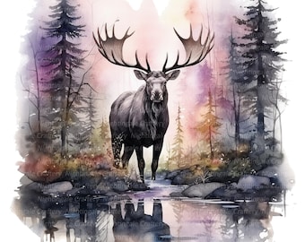 Op de afbeelding: Een aquarel schilderij van een eland die in een beek in een bos staat. De eland is bruin en heeft grote geweien. Het bos is een mix van groene en paarse tinten. Het water is lichtblauw.